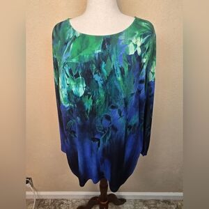 Bob Mackie Blue Green Watercolors Pullover LS Top 2X (6347)